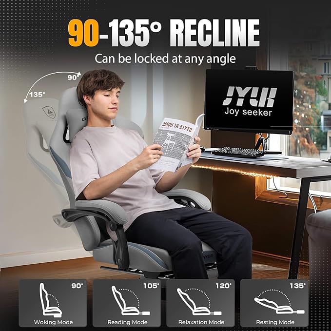 GTRACING Gaming Chair with Foot Rest & Pocket Spring Cushion, Breathable Fabric for Home Office Desk, Ergonomic High Back Computer Chair with Headrest & Lumbar Support, Gray