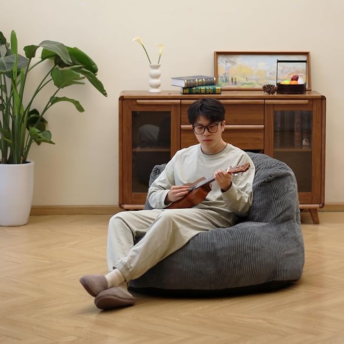 N&V Large Crescent Bean Bag Chair, Adult Size Bean Bag Sack, Foam Filling, Soft Premium Corduroy Bean Bag for Living Room Bedroom Dorm and Office (Frost Gray)