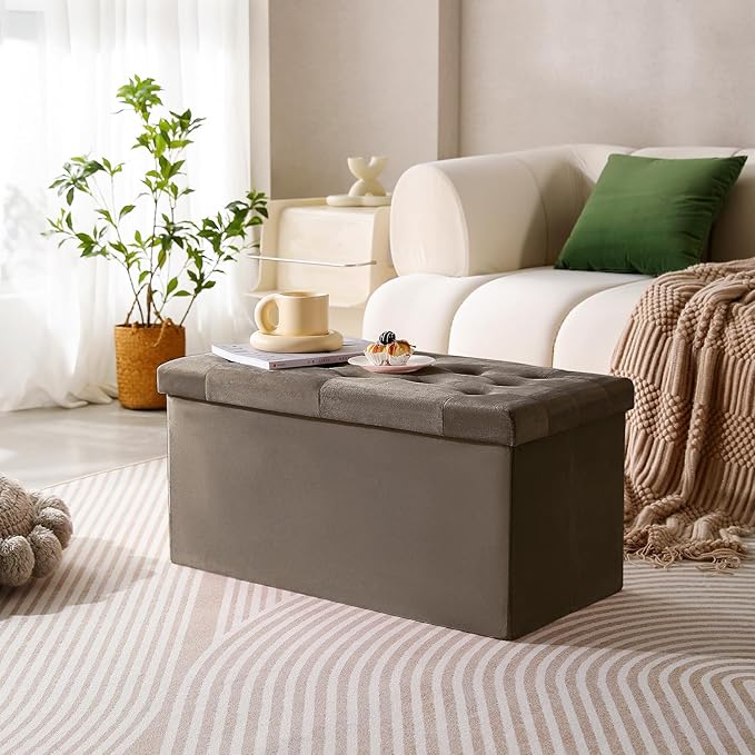 PRANDOM Extra Large Ottoman with Storage [1-Pack] Velvet Folding Small Square Foot Stool with Lid for Living Room Bedroom Coffee Table Dorm Dark Coffee 30.5x15x15 inches