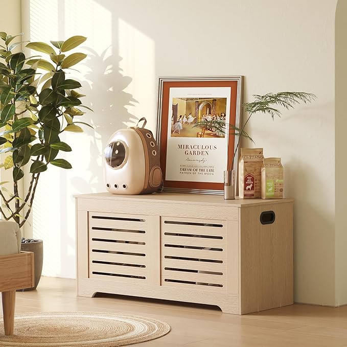 DINZI LVJ Storage Chest, 43.3”Wooden Storage Box with 2 Safety Hinges, Entryway Shoe Bench with Flip-Top, Farmhouse Style Trunk for Living Room, Bedroom, Play Room, Easy Assembly, Natural