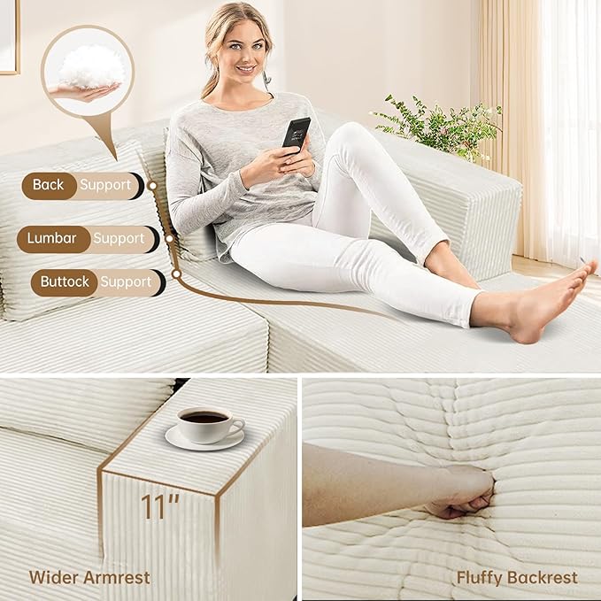 ANONER 103" Cloud Sectional Couch with Deep Seat, Modern Modular Boneless Couch L-Shape Upholstered Sofa with Chaise, Free Combination Corduroy Couches for Living Room, Beige