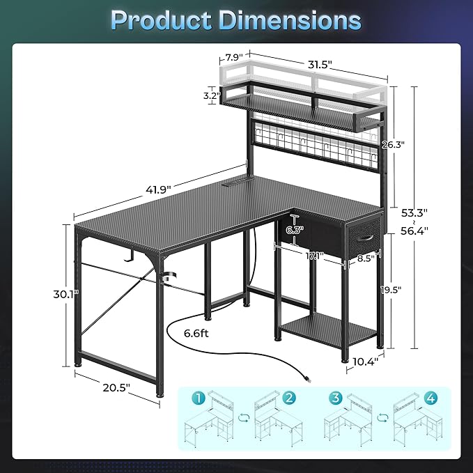 PRAISUN L Shaped Gaming Desk with Shelves, Corner Computer Table with LED Lights, Power Outlets and USB-C Ports, 42 Inch Home Office Desk with Storage Drawer, for Work and Study, Carbon Fiber Black