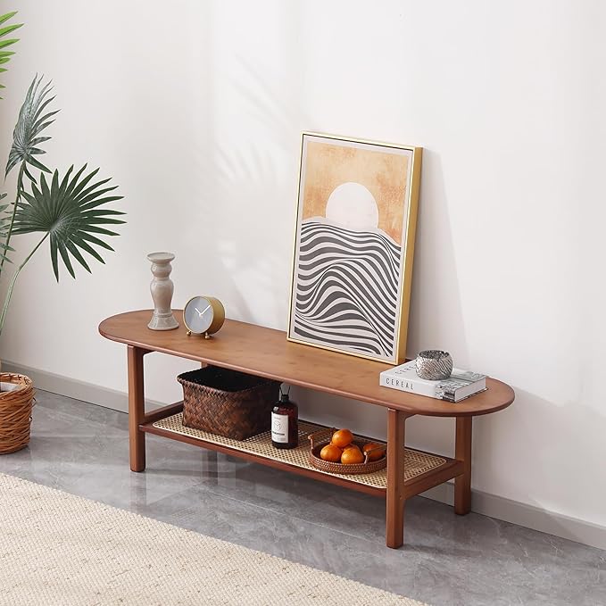 Tiita TV Stand with Storage for TV up to 65 inch, Bamboo Rattan TV Console Entertainment Center with 2 Open Shelf, Mid Century Modern Media Console for Living Room, Bedroom, Walnut