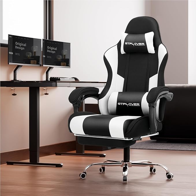 GTPLAYER Gaming Chair, Computer Chair with Footrest and Lumbar Support, Height Adjustable Game Chair with 360°-Swivel Seat and Headrest and for Office or Gaming (Fabric, Black & Light Gray)