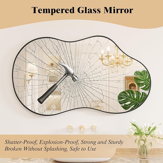 WEER Irregular Wall Mirror, 20x36 inch Black Asymmetrical Mirror Wall Mounted Mirrors Decorative, Abstract Wavy Aluminum Alloy Frame Mirror for Bathroom, Bedroom, Living Room, Entryway
