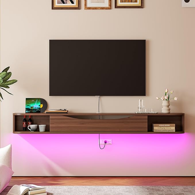 Floating TV Stand,94'' Wall Mounted TV Cabinet,Floating TV Console,Under TV Shelf with 1 Door and 2 Cabinets for TVs up to 90''(Walnut)