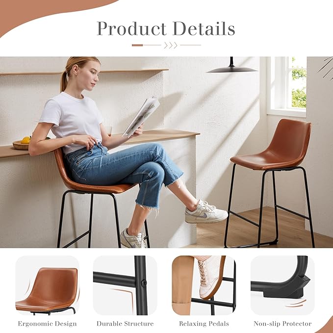 DUMOS 30 Inch Counter Height Bar Stools Set of 4, Modern Faux Leather High Barstools with Back and Metal Leg, Bar Chairs for Kitchen lsland, Elegant Brown