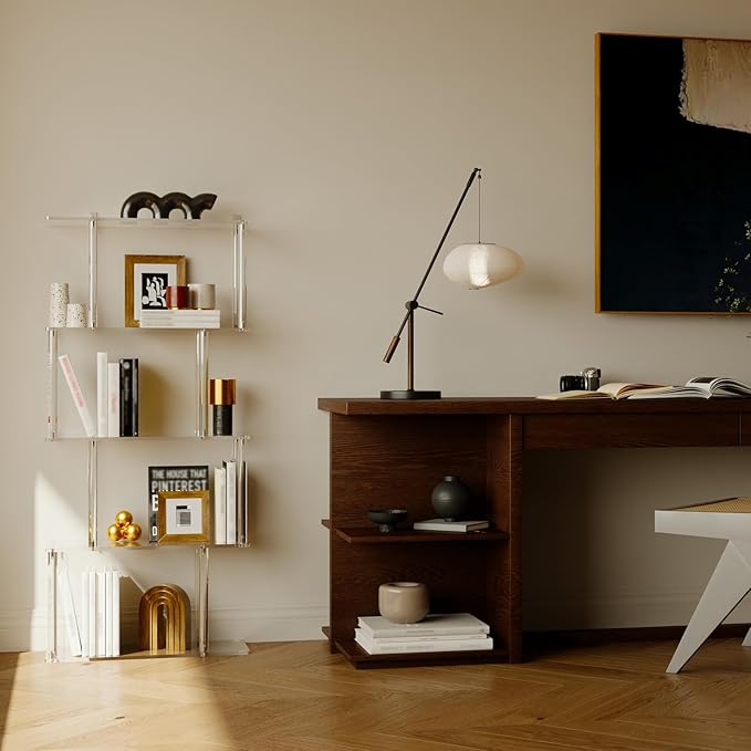 Acrylic Geometric Bookshelf, 5-Tier Clear S Shaped Bookcase, Modern, Unique Book Shelf for Living Room, Bedroom, Office, 9.3" D x 22.4" W x 49.2" H, Easy Assembly