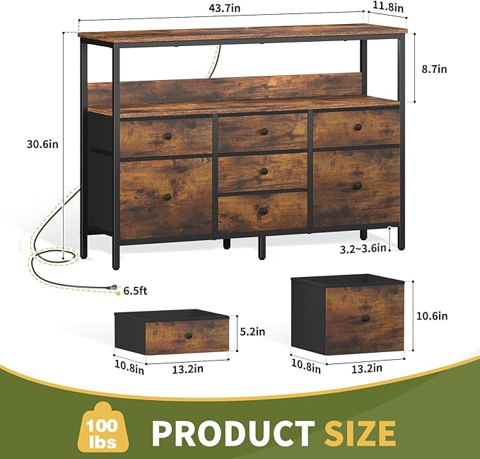 Yoobure LED TV Stand for Bedroom, 50 Inch Kids Dresser With Power Outlets, 7 Drawers Entertainment Center With Storage Shelf, Living Room Console