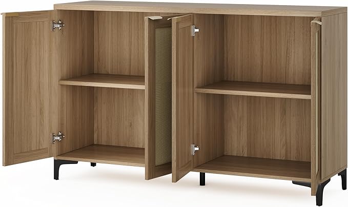 Sideboard - Buffet Cabinet with Storage, Rattan Storage with 4 Doors and Adjustable Shelves, Accent with Metal Feet, Sideboard Cabinet for Living Room (Natural)
