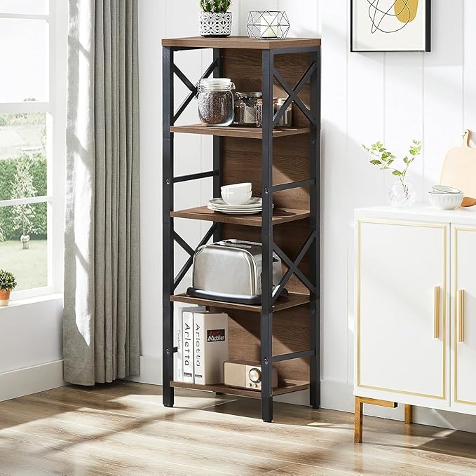 Small Bookshelf,5 Tier Industrial Bookshelf with Metal Frame and Backboard,Narrow Rustic Brown Book Shelf,Book case for Small Spaces,Living Room,Bedroom and Home Office
