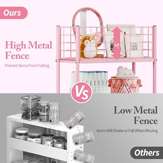KINGRACK 3-Tier Rolling Utility Cart with Wheels, Metal Slim Storage Cart, Bathroom Multifunctional Storage Organizer, Mobile Shelving Unit for Kitchen, Office, Laundry Room, Narrow Place, Pink