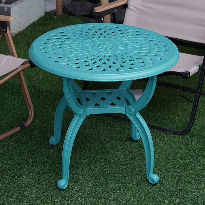 JARDIN DE CENTENNIAL Cast Aluminum Outdoor Side Table,Anti-Rust Outdoor End Table,Patio Coffee Bistro Table for Indoor,Garden,Porch,Balcony(Round Blue)