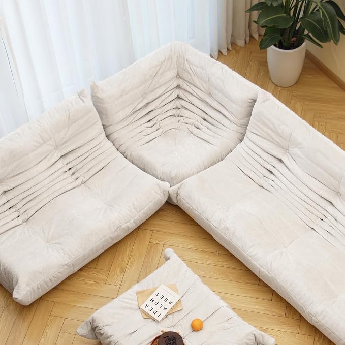 N&V Soft Premium Chenille Floor Lounge Chair, Mid Century Armless Floor Sofa, Foam Sofa Accent Chair for Living Room Bedroom and Office (White, Corner Chair)