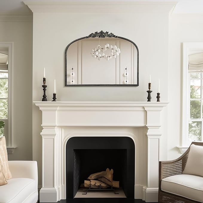 WallBeyond Black Antique Arched Vintage Wall Mirror, 24x32 Inch, Iron Frame, Bathroom, Living Room, Entryway