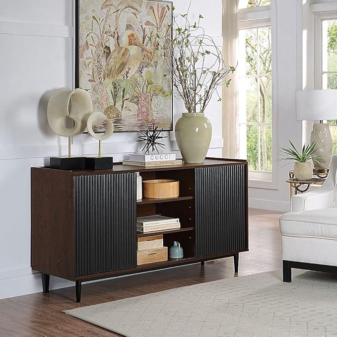 Manhattan Comfort Duane 59-Inch Ribbed Mid Century Modern Sideboard, Versatile Dining & Living Room Buffet Table with 3 Adjustable Center Shelves & 2 Side Cabinets, Set of 3, Black