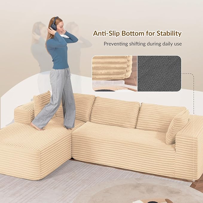 COMHOMA 105”Modular Sectional Sofa with Deep Seat,Cloud Upholstered L-Shape Couch Wide Arms Corduroy Fabric High-Density Foam Chaise Lounge for Living Room No Assembly Required