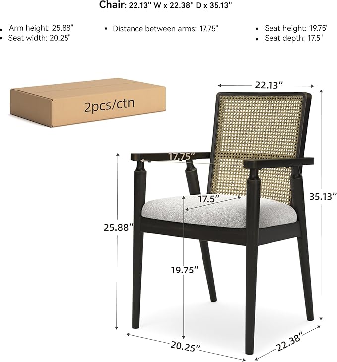 Signature Design by Ashley Galliden Rustic Solid Wood Upholstered Dining Arm Chair with Faux Cane Backrest, Set of 2, Light Brown & Black