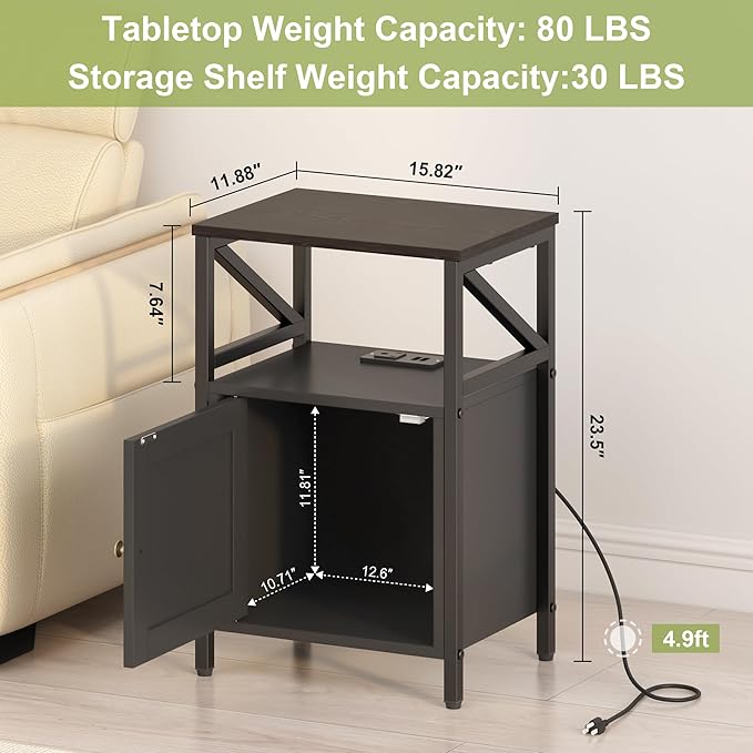 Farmhouse Side Table with Charging Station -3-Tier USB Ports & Outlets End Table, Compact Bedside Storage Table for Small Spaces, Multi-Functional Accent Table for Living Room, Couch Entryway Black