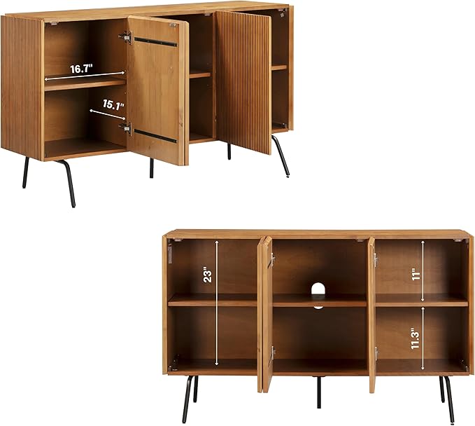 NTC Veil Sideboard with 2 Doors and 3 Drawers, Buffet Cabinet with Vertical Groove Design and Metal Legs, Storage Cabinet for Living Room, and Entryway, Effortless Assembly, Teak Look