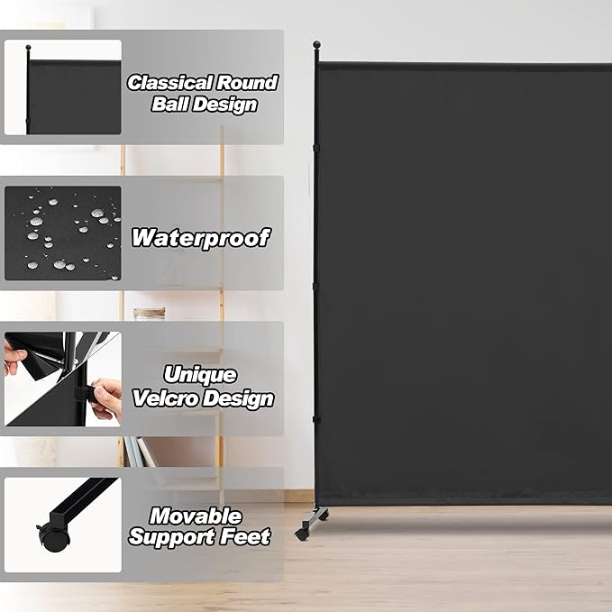 6FT Single Panel Room Divider with Wheels,Rolling Fabric Room Dividers for Partition Privacy Screens,Freestanding Wall Divider for Home Office,Restaurant,Hospital,(Black)