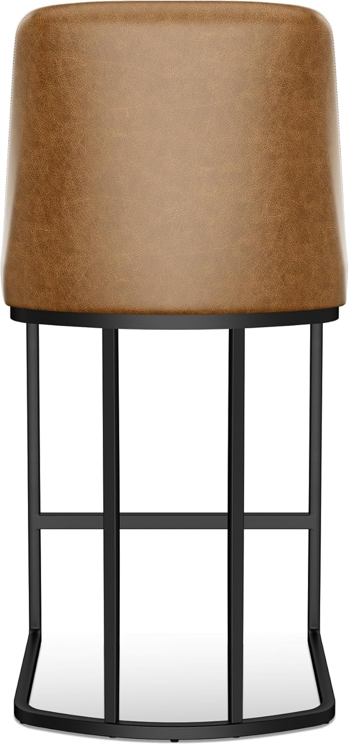 Counter Height Bar Stools Set of 2, Upholstered Leather Barrel Barstools with Back and Metal Legs for Kitchen Island, 27.4" Seat Height, Fabric in Faux Leather, Rustic Brown