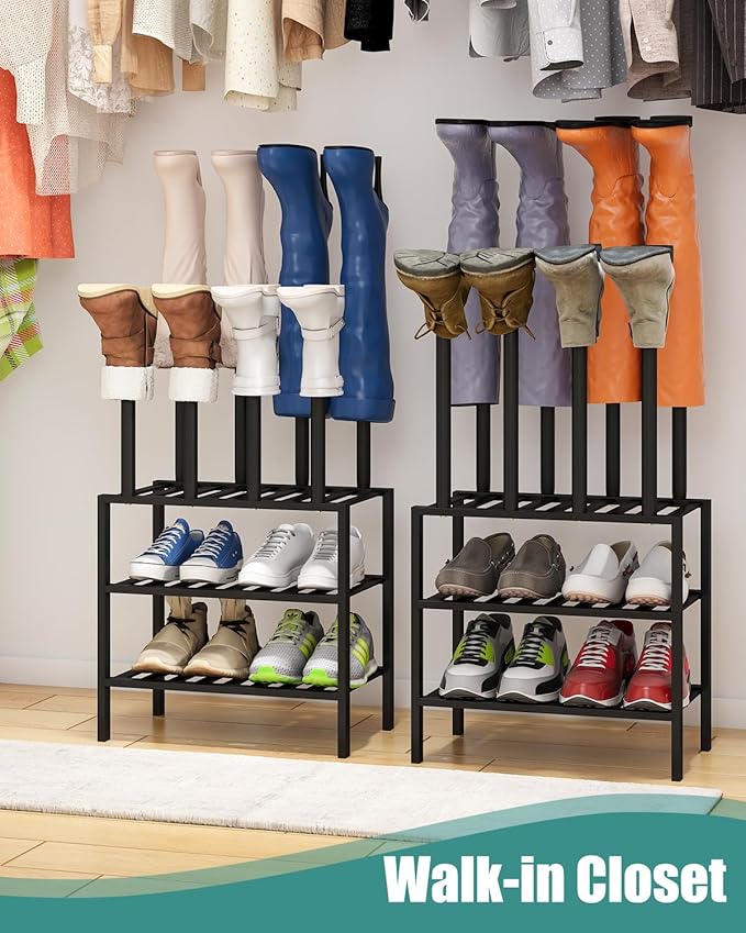 Black Boot Rack, Small Boot Rack Organizer Tall Boots with Shoe Rack for Closet, Bamboo Wood Shoe Shelf Storage Organizer for Entryway Small Space