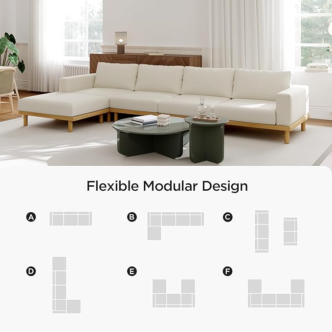 Acanva Minimalist Modular Sectional Sofa for Living Room, Wide & Deep Seat Convertible Furniture Set with Metal Frame and Movable Covers, 5 Piece, Off White