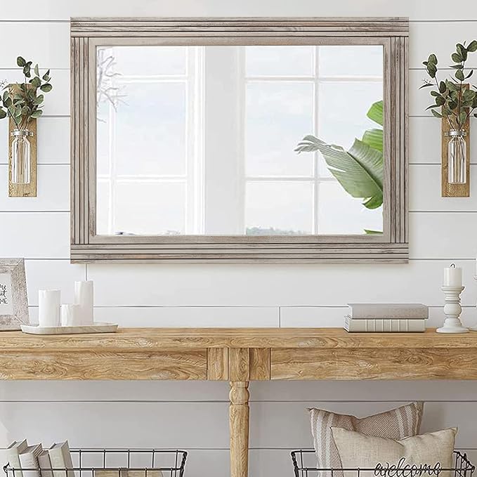 YOSHOOT Hand-Made Wooden Spliced Wall Mirror for Bathroom, Rustic Farmhouse Vanity Mirror, Décor Wall Art, Solid Wood Frame, Vertical or Horizontal Hanging, 53" x 28", Grey