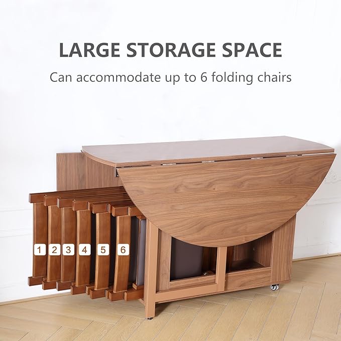 Walnut Round Folding Dining Table with 6 Chairs, Walnut Solid Wood Folding Chair Set of 2, Space Saving Foldable Dining Table with 6 Chairs