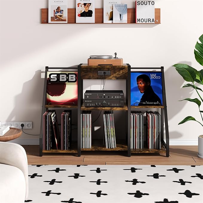 Large Record Player Stand Vintage Record Stand-Large Vintage Record Player Table with Power Outlet and LED Light,Record Storage Rack with Vinyl Display Shelf for Up to 300 Albums