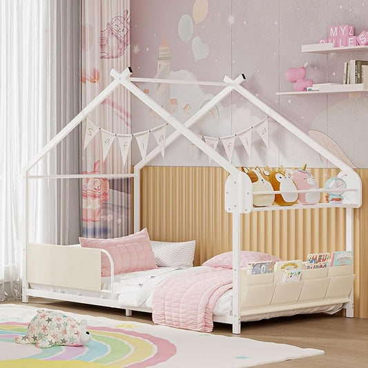 Timy House Shape Twin Size Montessori House Bed Metal Floor Bed with Storage Rack and Caddy Twin Bedframe for Kids No Box Spring Needed White
