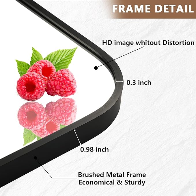 Matte Black Mirror, 24"x36" Rectangle Bathroom Mirror, Metal Frame Rectangle Corner Vanity Mirror, Wall Mounted Mirror for Modern, Living Room, Bedroom, Horizontal Or Vertical