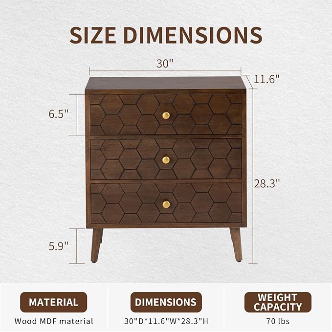 COSIEST Modern End Table w 3 Storage Drawers, Night Stand w Honeycomb Pattern, Small Wood Chest, Accent Cabinet for Bedroom, Living Room(Brown,2 Pieces)