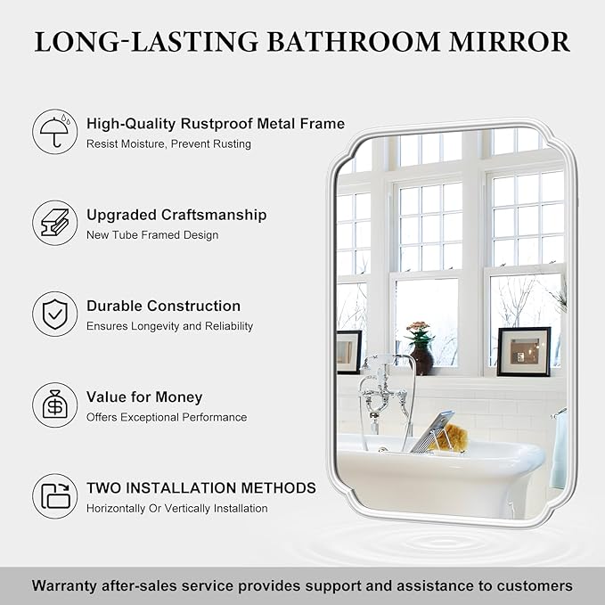 White Bathroom Mirror for Over Sink 24×36 Inch - Multi-Size Durable Iron Frame, Shatterproof Glass, Versatile for Bathroom/Bedroom/Living Room Decor (Horizontal or Vertical Mount)