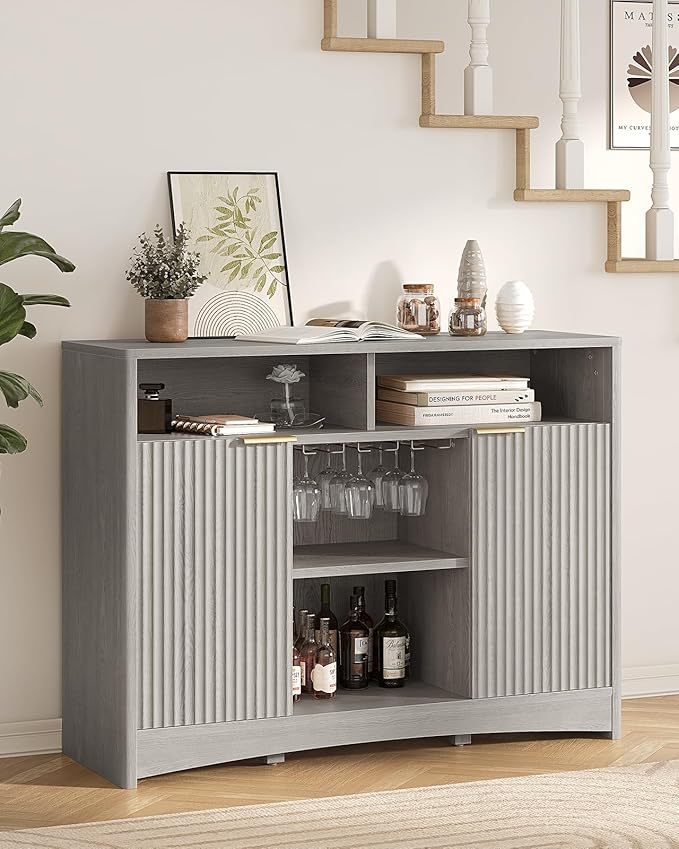 Marsail 47.2" Bar Cabinets with Storage, Modern Buffet Cabinet, Large Sideboard with 2 Fluted Panel Doors, Coffee Bar Cabinet with Adjustable Shelf and Glass Rack for Kitchen, Living Room, Grey