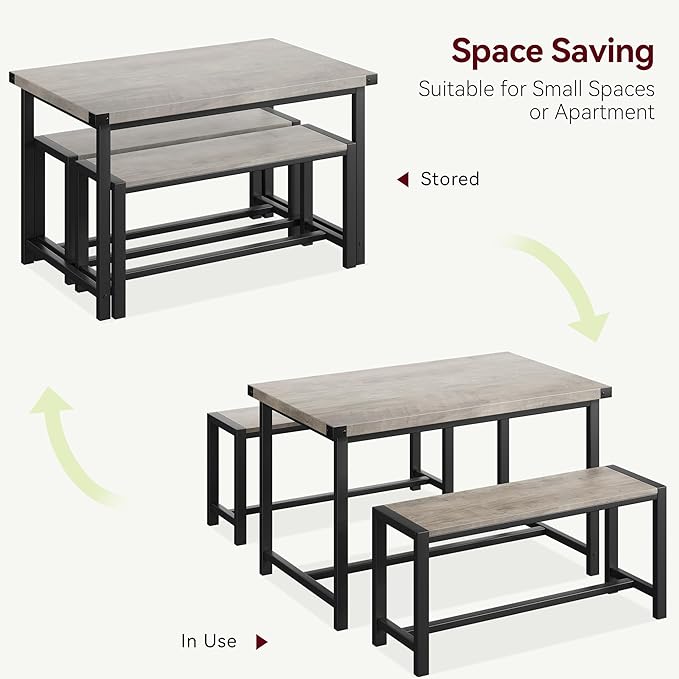 Dining Table Set for 4 with 2 Benches, 3-Piece Kitchen Table Set, Space-Saving Dining Set for Kitchen, Dining Room, Gray