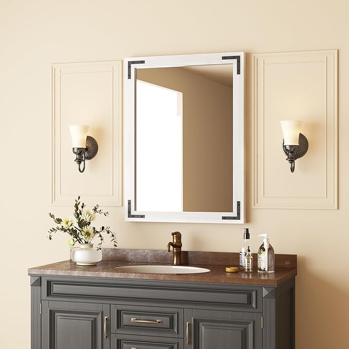 VocalStar White Wood Framed Mirror 24 x 32 Inch, Rustic Natural White Wooden Rectangle Bathroom Vanity Wall Mirror for Farmhouse Boho Decor, 1/4-inch Shatterproof Glass | Waterproof