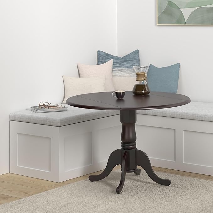 IC International Concepts, 42" Round Dual Drop Leaf Pedestal Dining Table, Solid Real Wood, Sturdy Parawood, Rich Mocha
