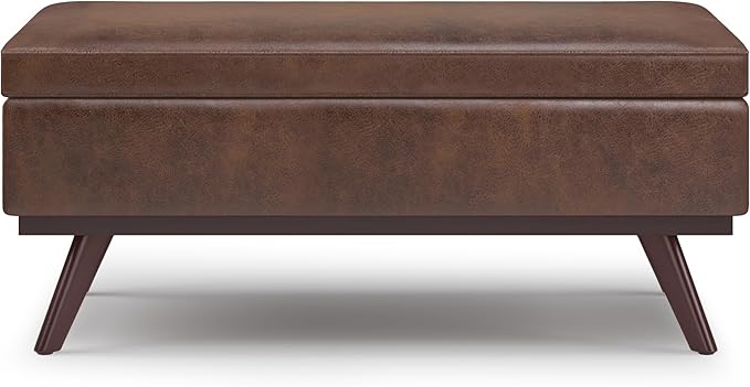 SIMPLIHOME Owen 42 inch Wide Mid Century Modern Rectangle Lift Top Large Coffee Table Storage Ottoman in Distressed Chestnut Brown Vegan Faux Leather, Assembled, For the Living Room