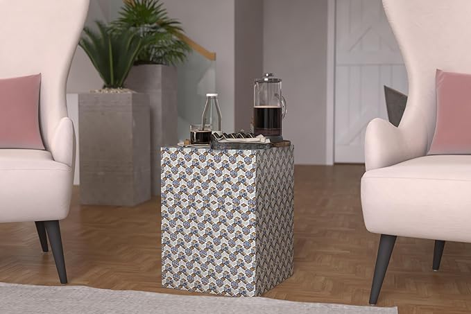 PEMAR Mother of Pearl Square Drum End Table Nacre Lacquer Side Bedside Accent Table and Vanity Stool for Living Room Bedroom (Geometric Cube)