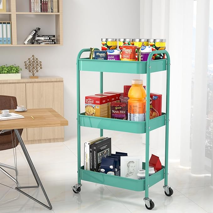 3-Tier Rolling Metal Storage Cart with Wheels, Multi-Functional Organizer for Office, Kitchen, Bathroom, Books Diapers - Easy Assembly (Blue)