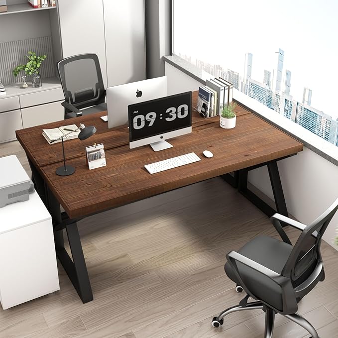 IBF Solid Real Wood Large Computer Desk, 60” Rustic Natural Home Office Desk, Long Industrial Writing Desk for Living Room, Metal Wooden Executive Computer Table, Brown, 60 Inch