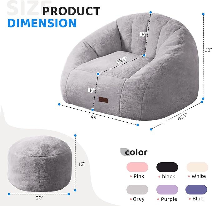 HABUTWAY Bean Bag Chair, Giant Bean Bag Chairs for Adults with Ottoman, Comfy Faux Fur Shell-Shaped Bean Bag Couch, Sofa Chair for Living Room, Bedroom, Grey