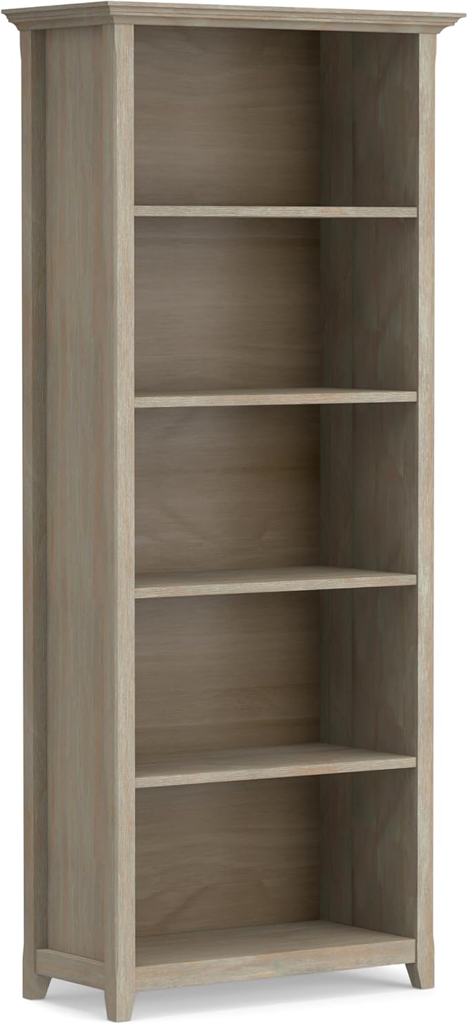 SIMPLIHOME Amherst Bookcase - 70 inch Tall 5-Shelf Solid Wood Bookshelf in Distressed Grey, Transitional Storage for Living Room, Study Room or Office with Adjustable Shelves and Tapered Legs
