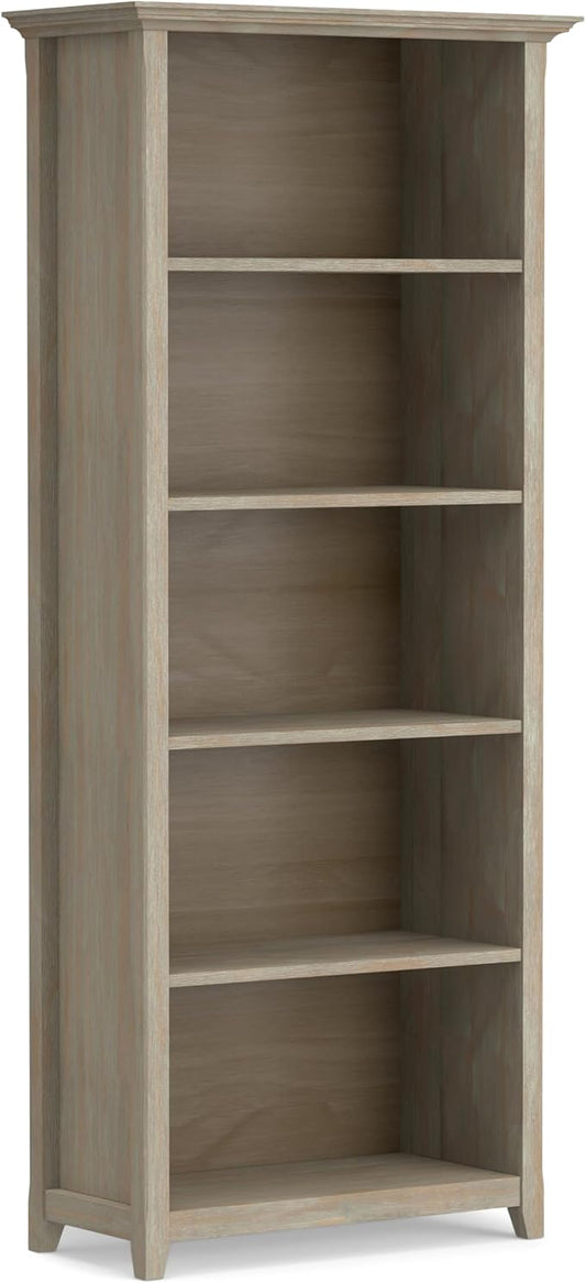 SIMPLIHOME Amherst Bookcase - 70 inch Tall 5-Shelf Solid Wood Bookshelf in Distressed Grey, Transitional Storage for Living Room, Study Room or Office with Adjustable Shelves and Tapered Legs