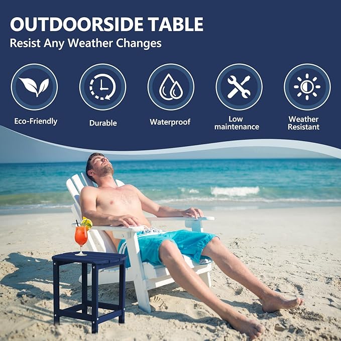 Hdpe Outdoor Adirondack Side Table, Wooden Textured, Set for Patio, Garden, Porch, Pool Composite Patio, Backyard, Bathroom and Indoor, Maintenance & Weather Resistant(Navy Blue)