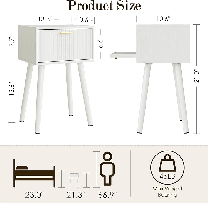 Night Stand, White Nightstand with Fluted Door, Small Modern Mid-Century Bedside Table for Bedroom, End Table for Living Room