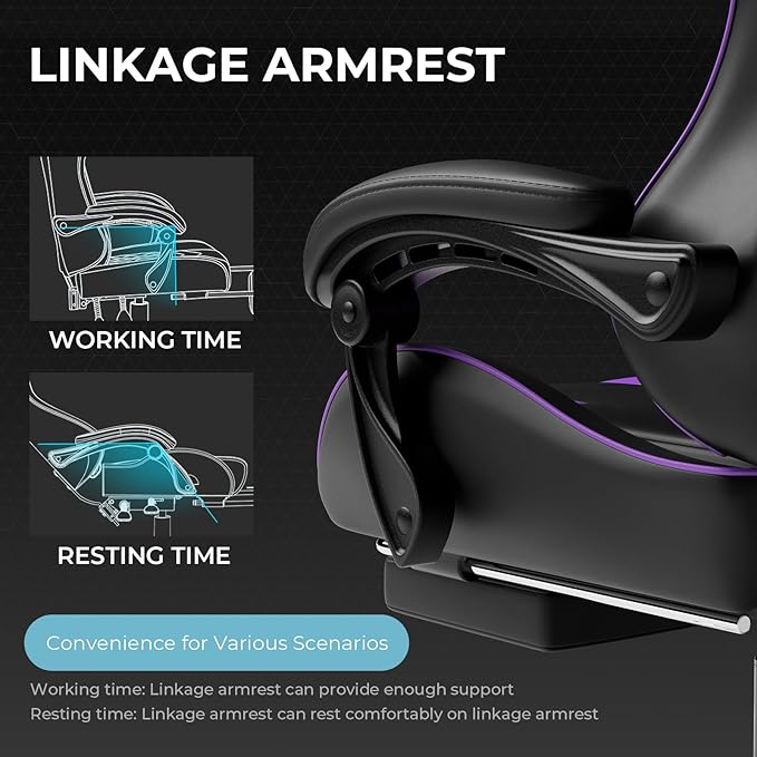 GTPLAYER Gaming Chair, Computer Chair with Footrest and Lumbar Support, Height Adjustable Game Chair with 360°-Swivel Seat and Headrest and for Office or Gaming (Faux Leather, Purple)