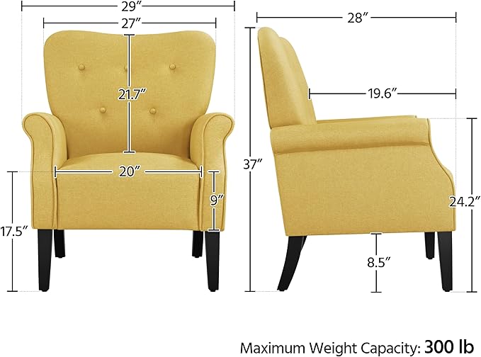 Yaheetech Modern Armchair, Mid Century Accent Sofa Chair with Sturdy Wood Legs and High Back, Upholstered Fabric Sofa Club Chair for Living Room/Bedroom/Office, Yellow